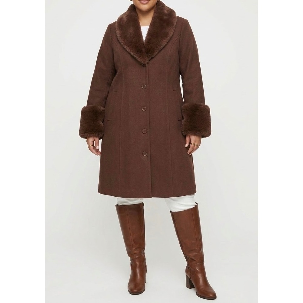 WILD FABLE Women Brown Faux Fur Trim Shawl Collar Button Front Overcoat Plus XXL